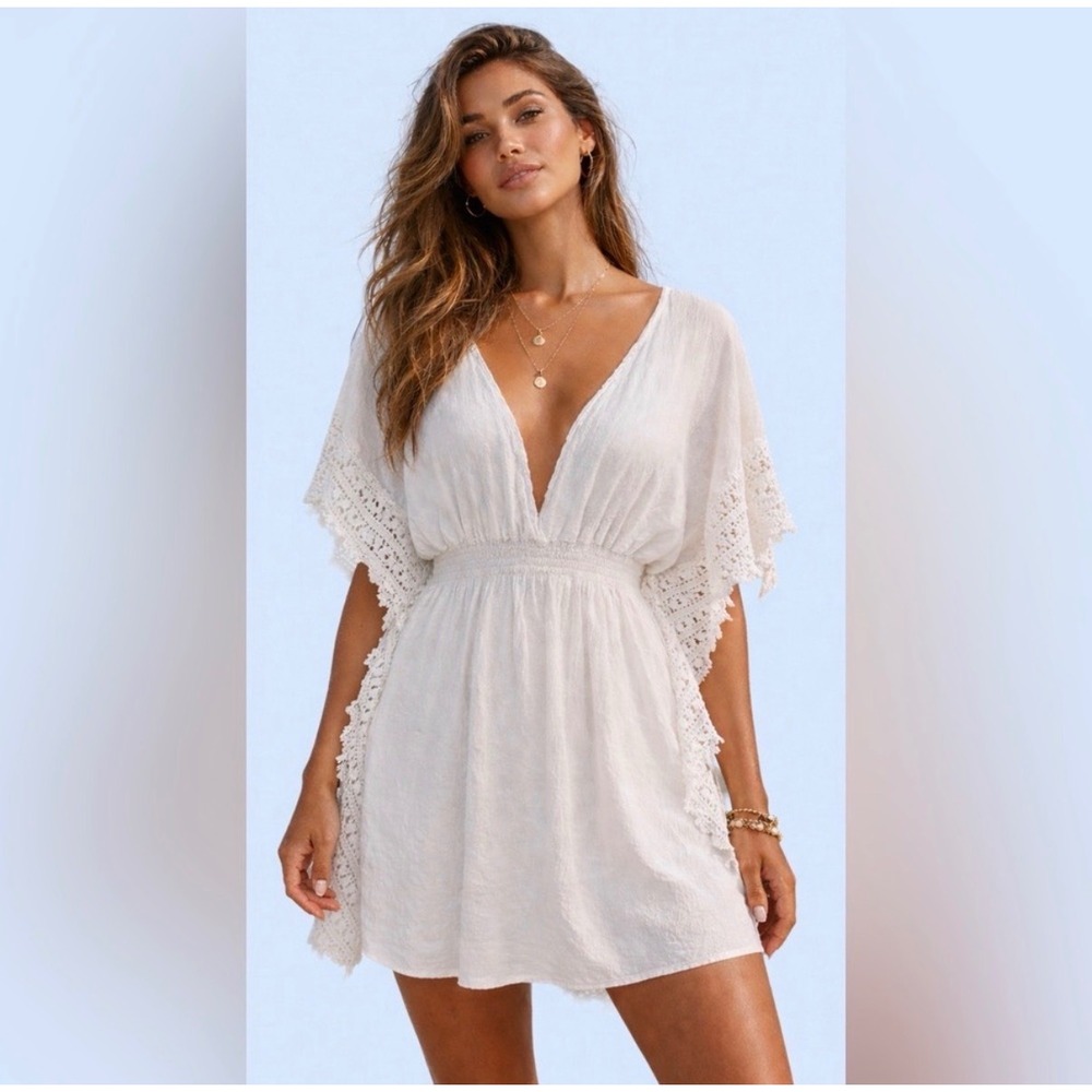 Seaspice Resort Wear Isla White Peruvian Cotton Crochet Lace Mini Dress L